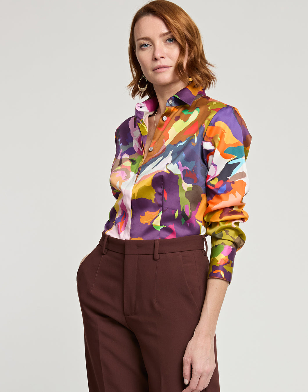 Diane Long Sleeve Satin Mosaic Flower Print Shirt