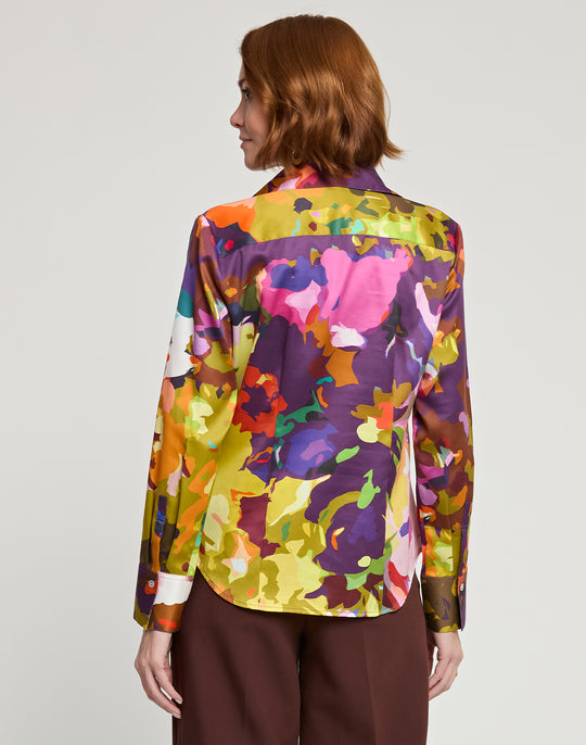 Diane Long Sleeve Satin Mosaic Flower Print Shirt