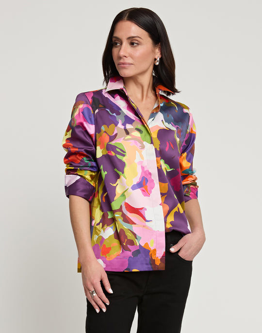 Xena Long Sleeve Satin Mosaic Flower Print Shirt