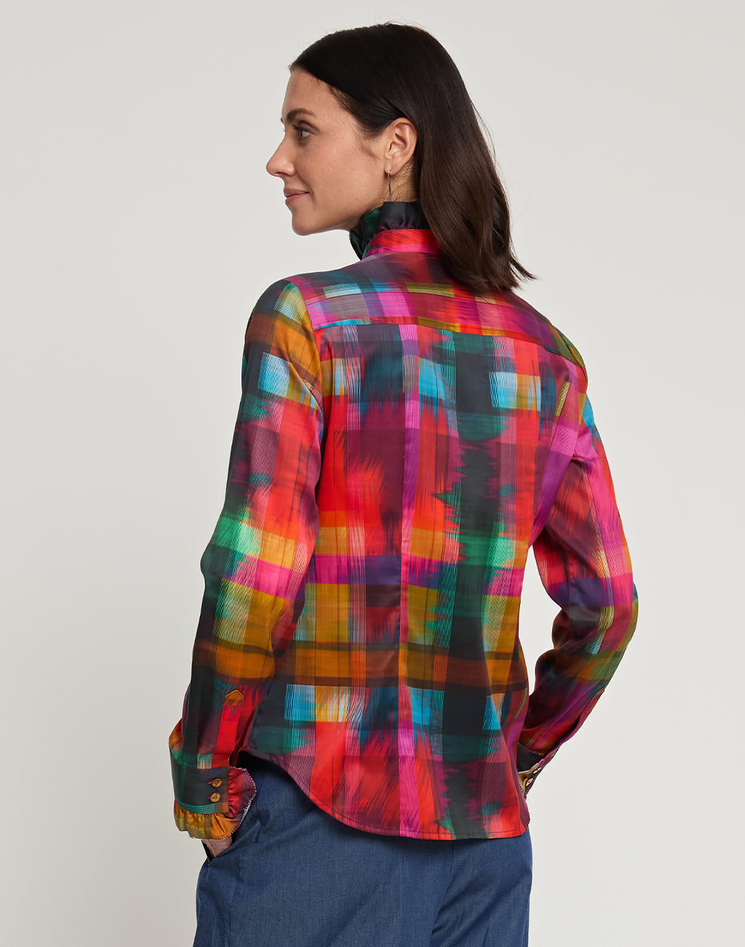 Athena Long Sleeve Satin Festive Plaid Print Shirt