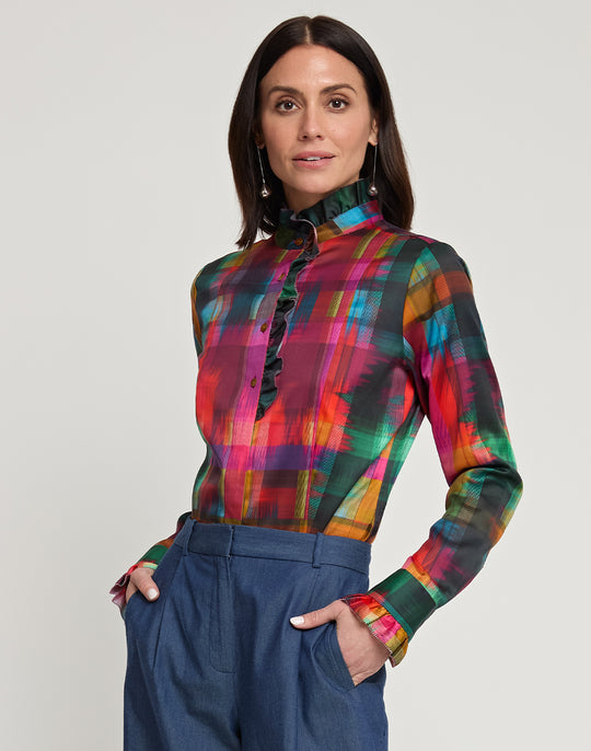 Athena Long Sleeve Satin Festive Plaid Print Shirt