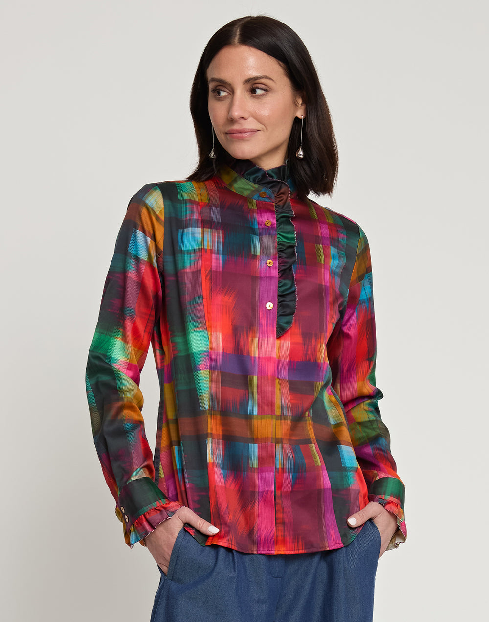 Athena Long Sleeve Satin Festive Plaid Print Shirt