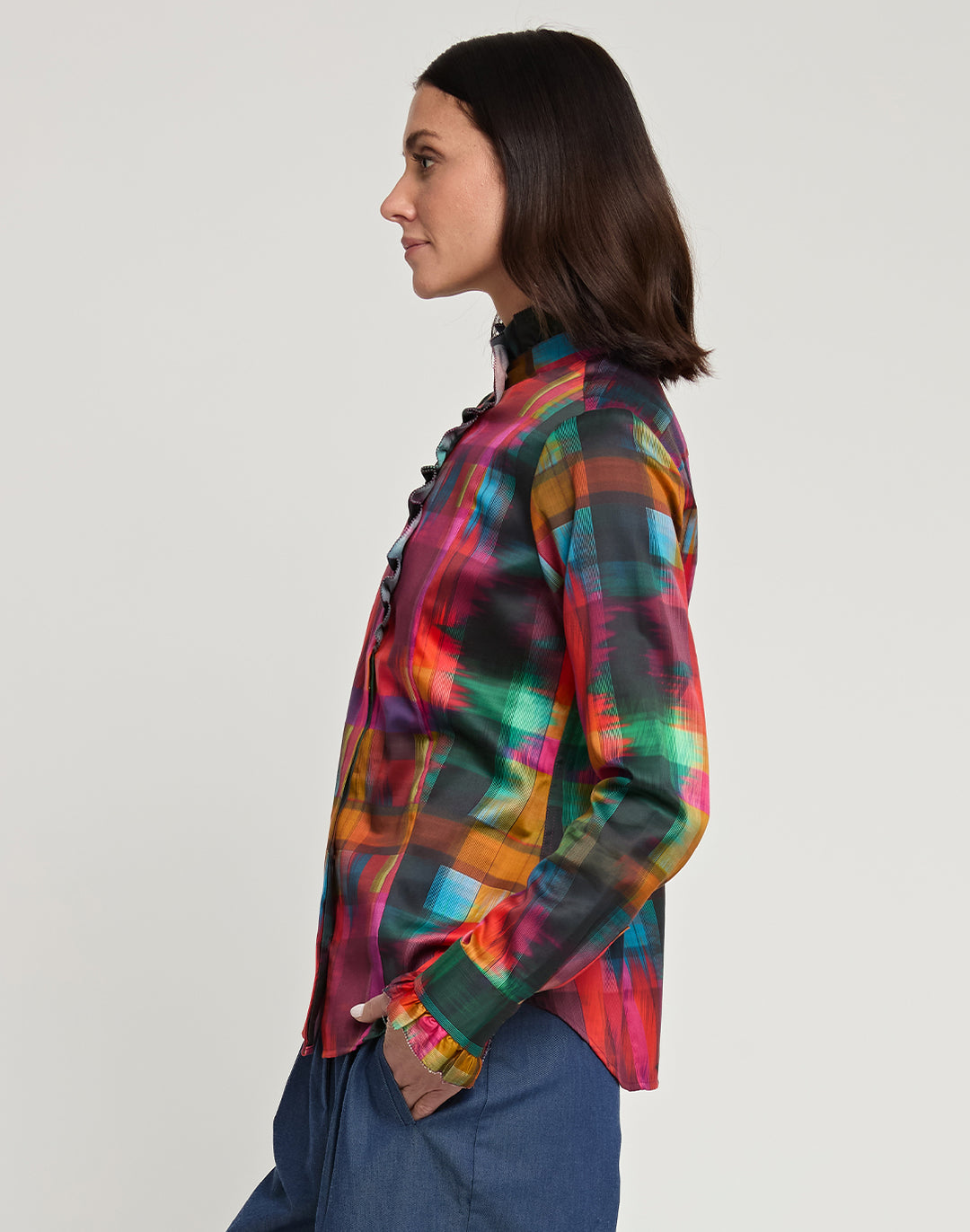 Athena Long Sleeve Satin Festive Plaid Print Shirt