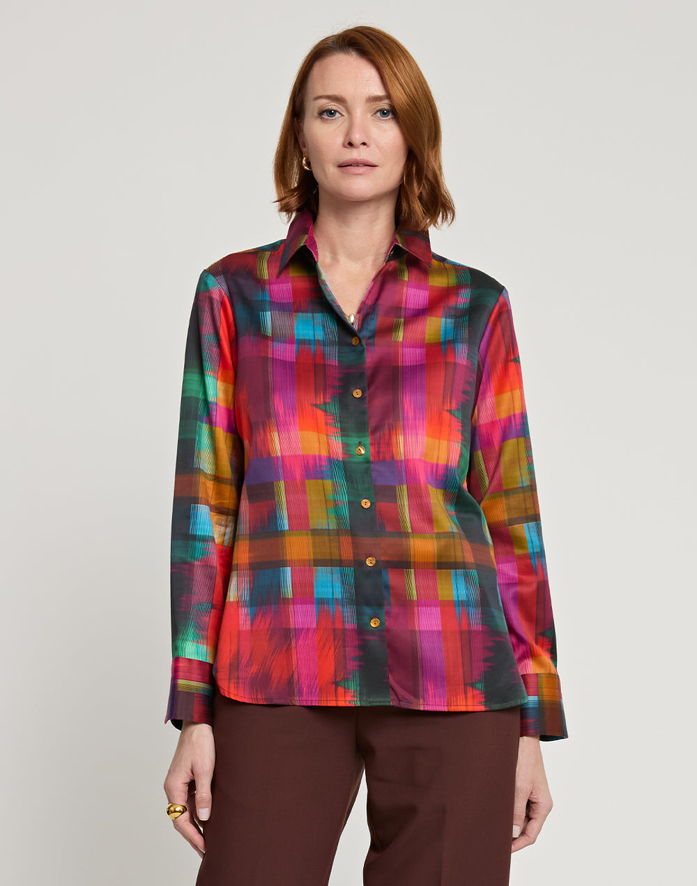 Margot Long Sleeve Satin Festive Plaid Print Shirt