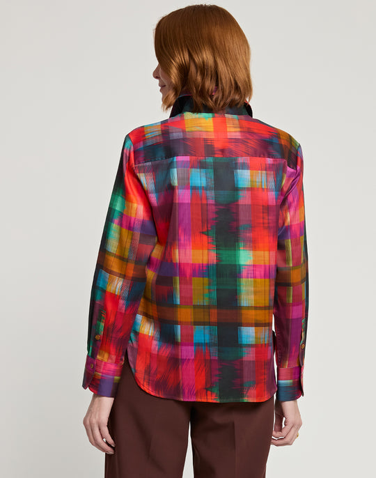 Margot Long Sleeve Satin Festive Plaid Print Shirt