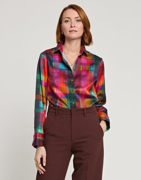 Margot Long Sleeve Satin Festive Plaid Print Shirt