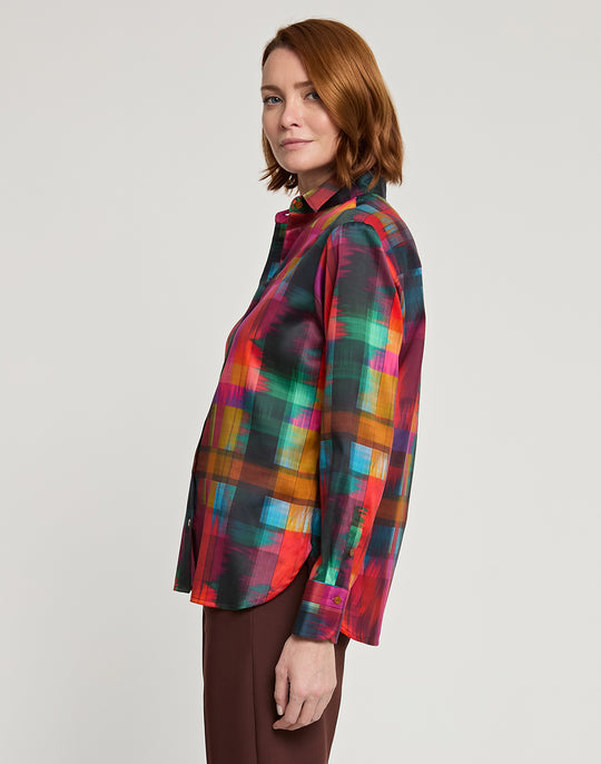 Margot Long Sleeve Satin Festive Plaid Print Shirt