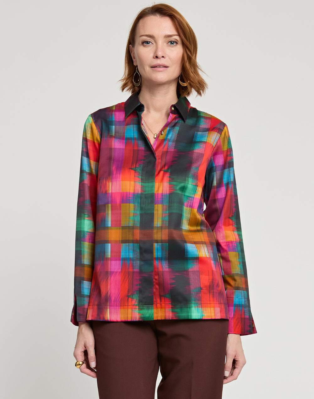 Xena Long Sleeve Satin Festive Plaid Print Shirt