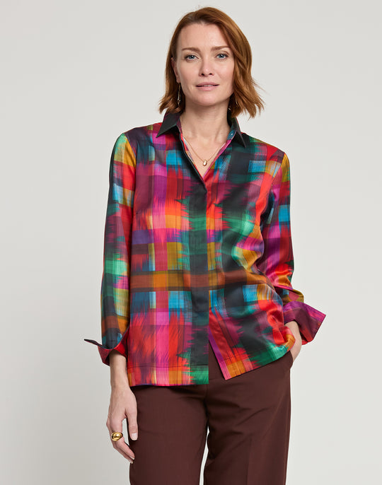 Xena Long Sleeve Satin Festive Plaid Print Shirt