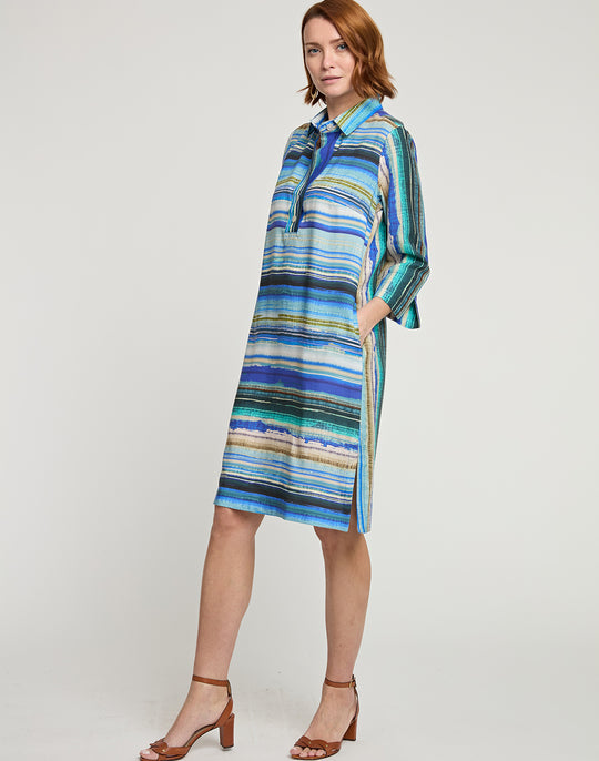 Charlotte 3/4 Sleeve Tencel Textured Stripe Print Dress