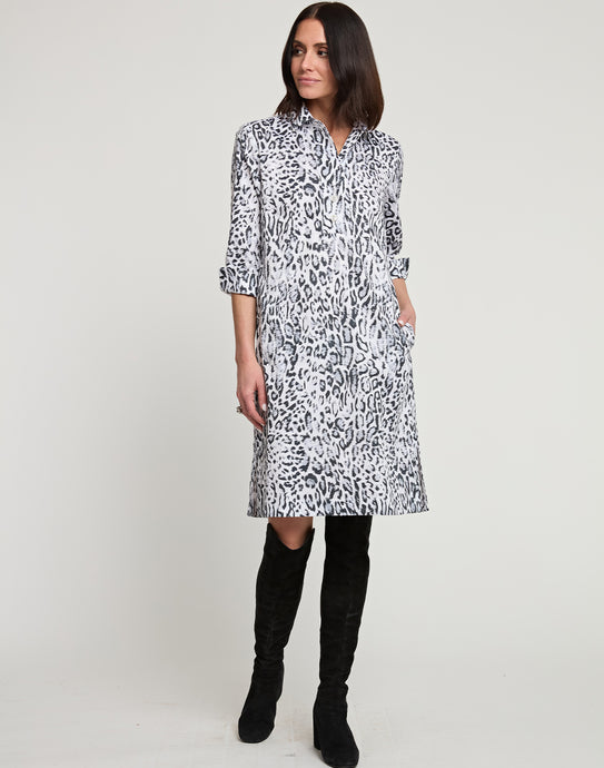 Charlotte 3/4 Sleeve Snow Leopard Sateen Print Dress