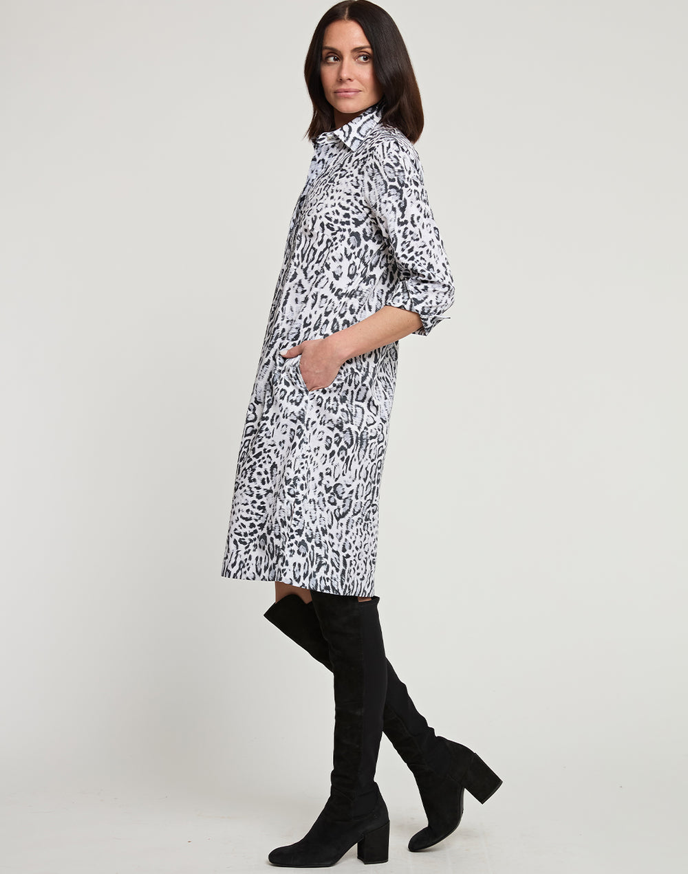 Charlotte 3/4 Sleeve Snow Leopard Sateen Print Dress