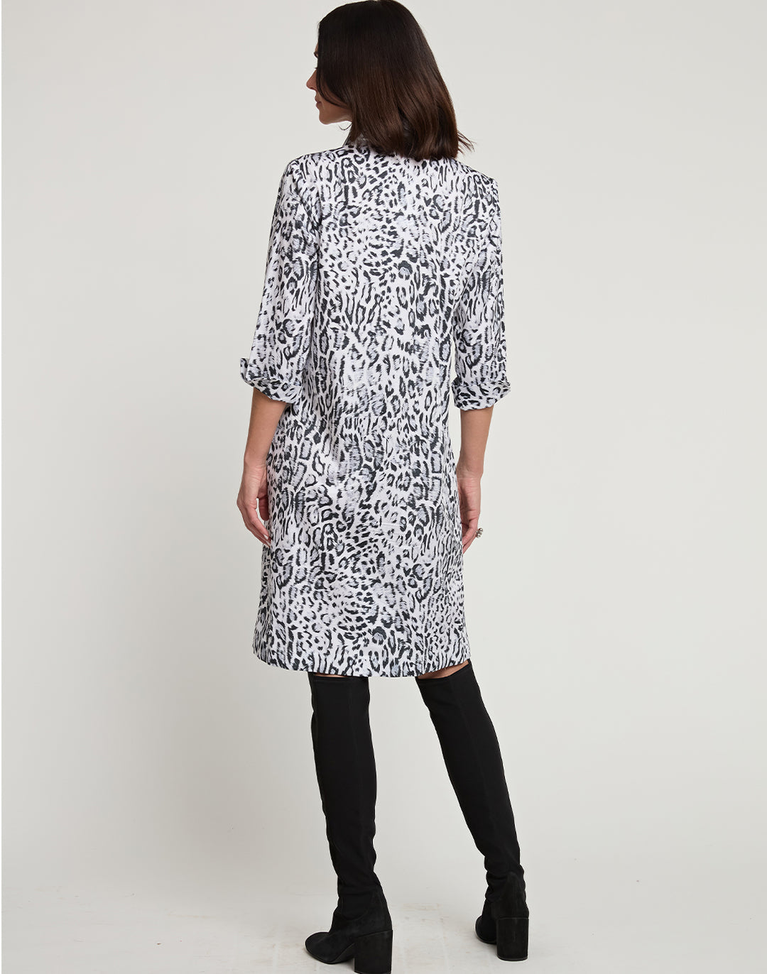 Charlotte 3/4 Sleeve Snow Leopard Sateen Print Dress