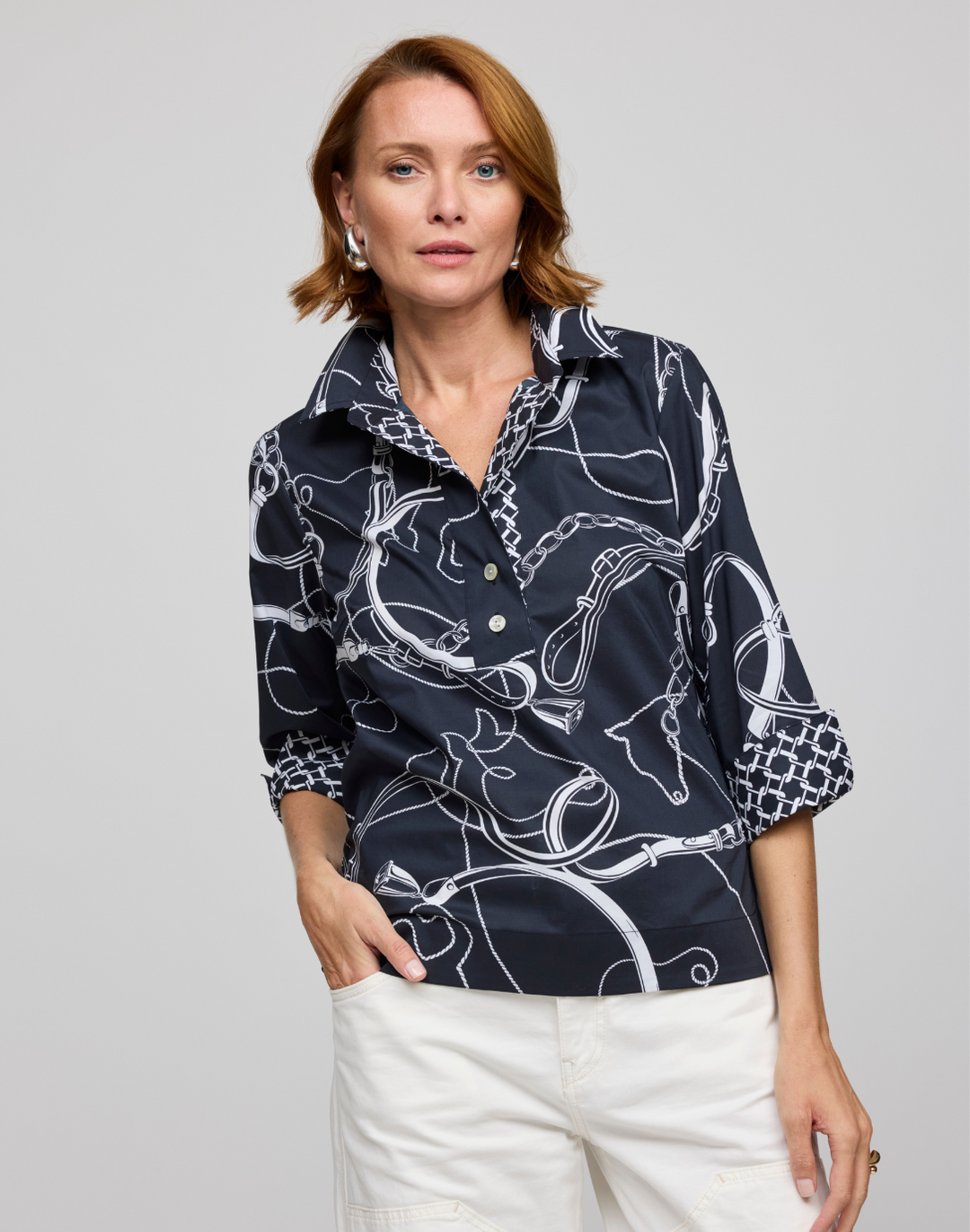 Aileen 3/4 Sleeve Equestrian Print Shirt