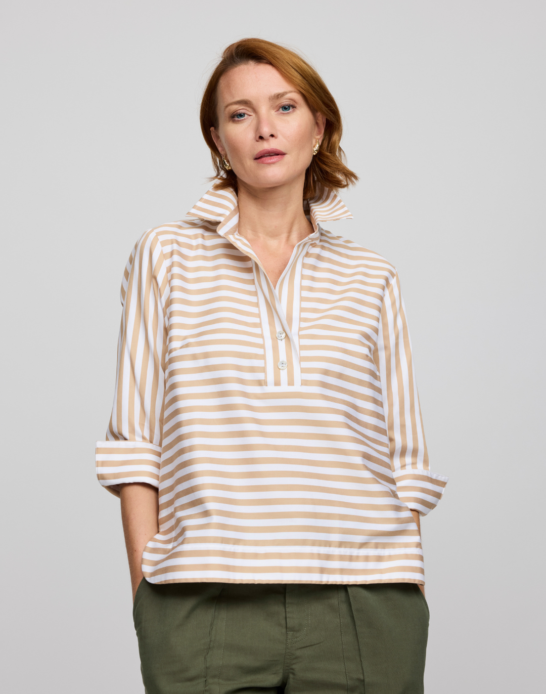 Aileen 3/4 Sleeve Stripe/Gingham White Combo Top