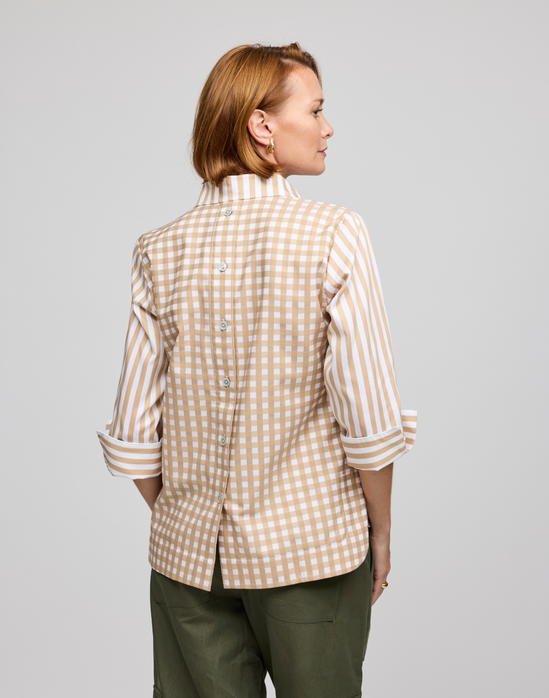 Aileen 3/4 Sleeve Stripe/Gingham White Combo Top