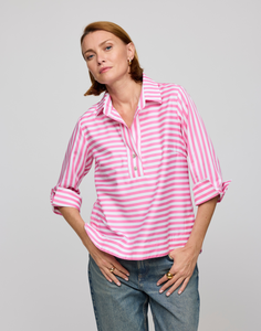 Aileen 3/4 Sleeve Stripe/Gingham White Combo Top