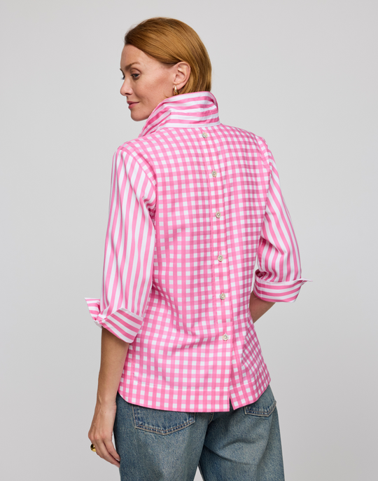 Aileen 3/4 Sleeve Stripe/Gingham White Combo Top