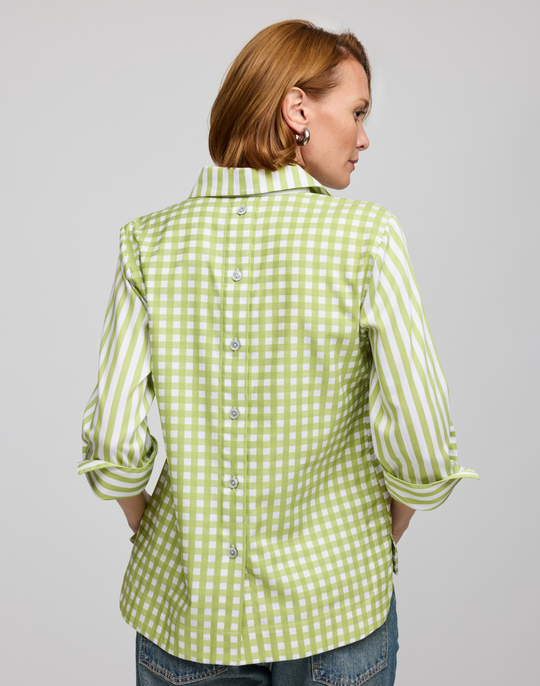 Aileen 3/4 Sleeve Stripe/Gingham White Combo Top