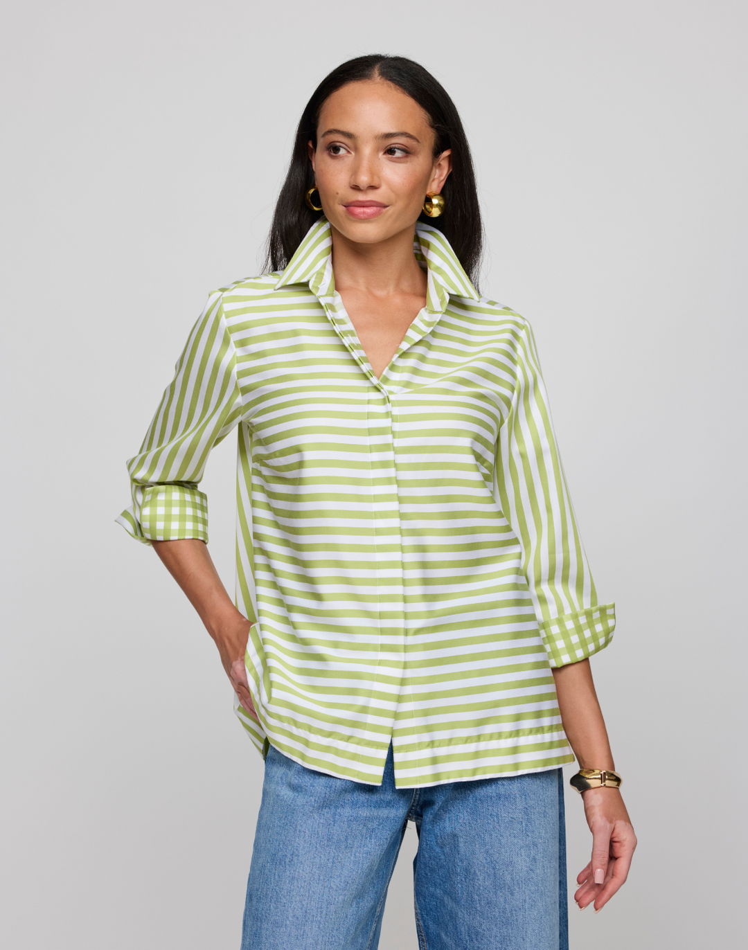 Xena 3/4 Sleeve Stripe/Gingham Combo Shirt