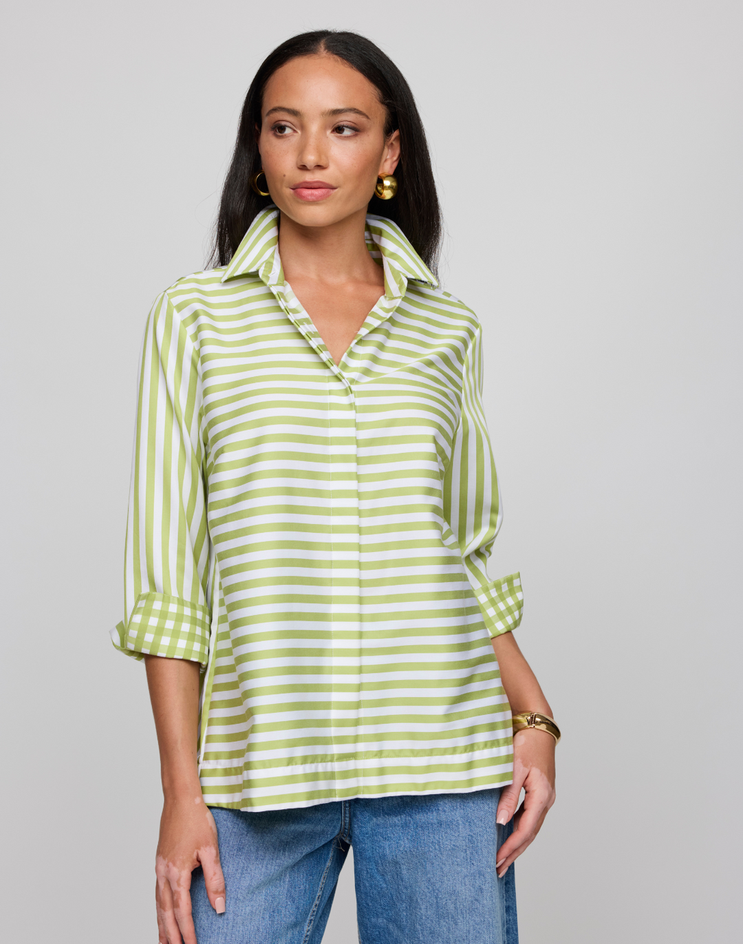 Xena 3/4 Sleeve Stripe/Gingham Combo Shirt