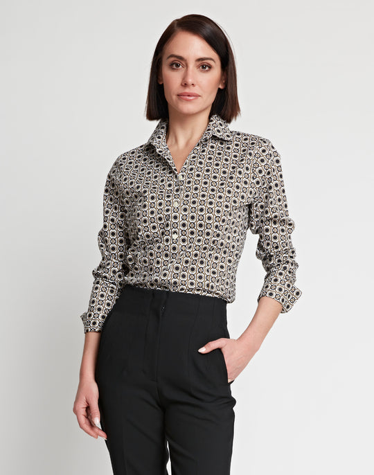 Diane Long Sleeve Geometric Tile Print Fitted Shirt