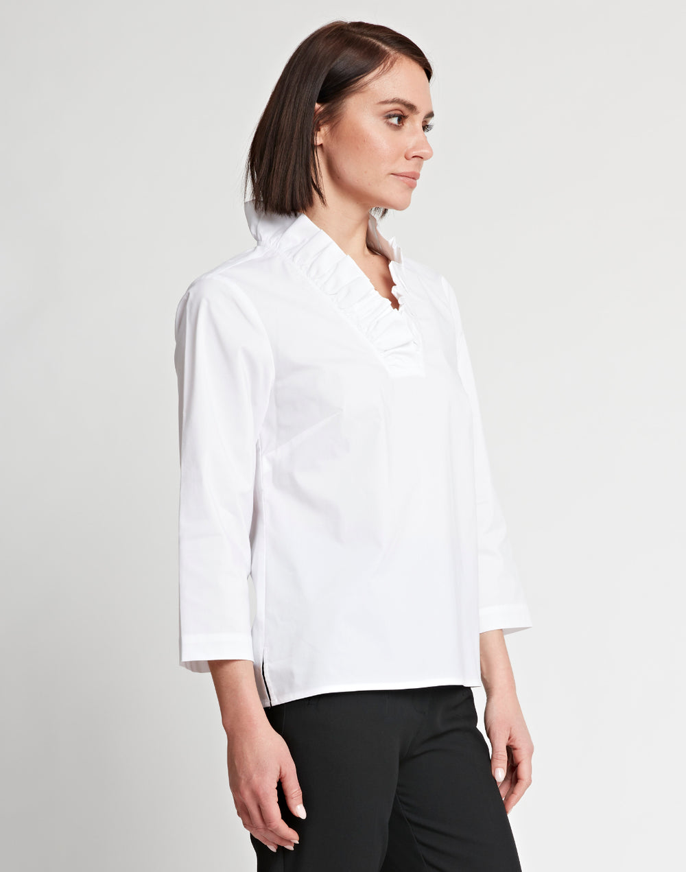 Helena 3/4 Sleeve Ruffle Neck Cotton Top