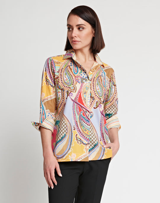 Xena 3/4 Sleeve Multi-Colored Paisley Print Shirt