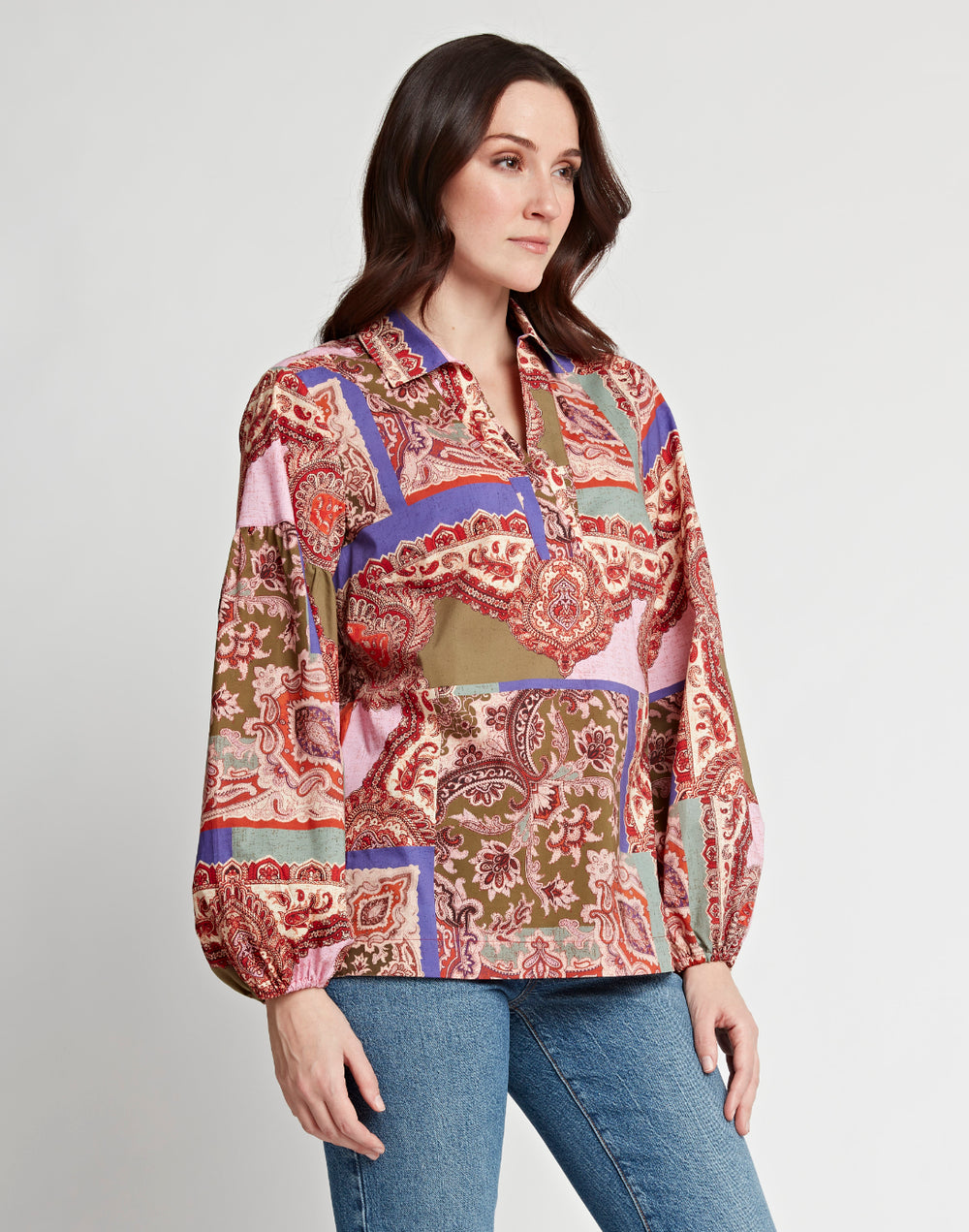 Arianna Long Sleeve Patchwork Paisley Print Top