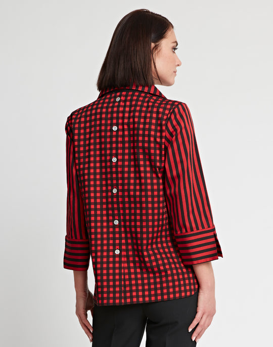 Aileen 3/4 Sleeve Stripe/Gingham Black Combo Top