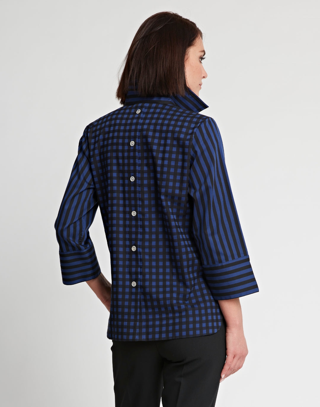 Aileen 3/4 Sleeve Stripe/Gingham Black Combo Top