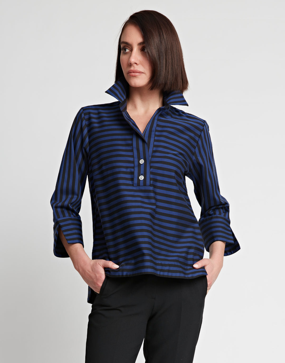 Aileen 3/4 Sleeve Stripe/Gingham Black Combo Top