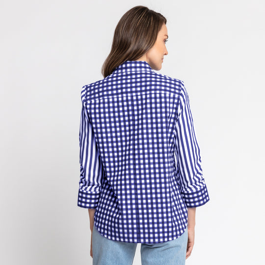 Zoey 3/4 Sleeve Gingham/Stripe Combo Shirt